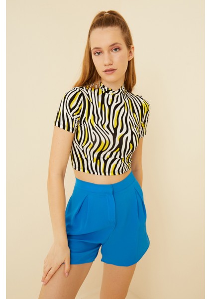 Kadın Sarı Siyah Zebra Desenli Kısa Kol Crop Bluz modelleri