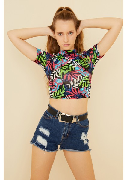 Kadın Siyah Karışık Desen Kısa Kol Crop Bluz