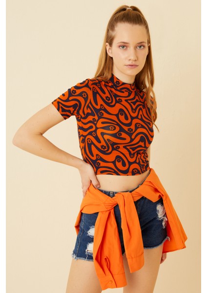 Kadın Turuncu Karışık Desenli Kısa Kol Crop BLUZY-16Y- fiyatları
