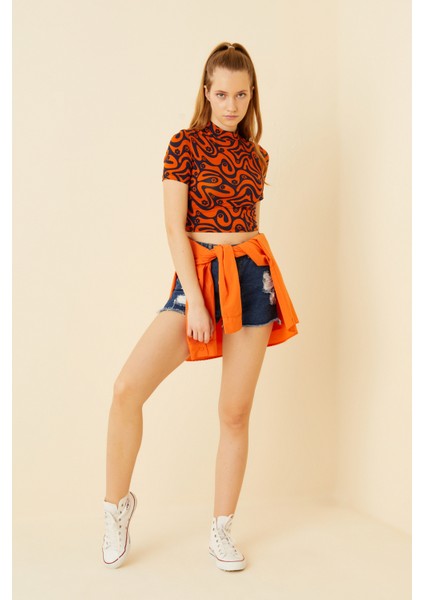 Kadın Turuncu Karışık Desenli Kısa Kol Crop BLUZY-16Y- fırsatları