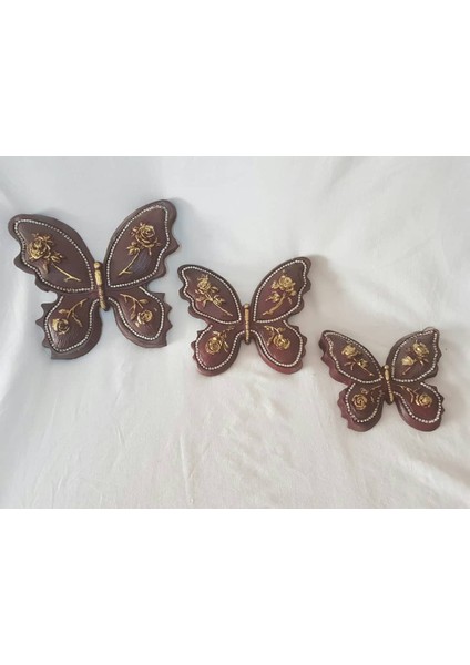 Özel Tasarım Bordo Gül Desenli Üçlü Kelebek Duvar Süsü Üçlü Kelebek Polyester Dekoratif Obje