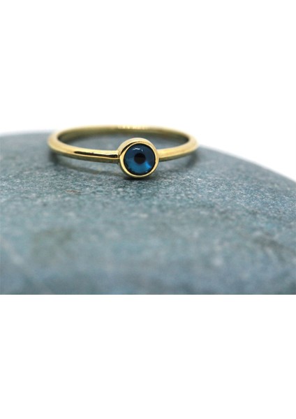 Göz Altın Yüzük - 14 Ayar Altın Mavi Göz Nazar Boncuklu Minimal Tektaş Kadın Yüzük - Eşe, Sevgiliye