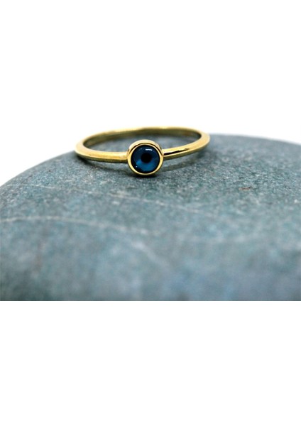 Göz Altın Yüzük - 14 Ayar Altın Mavi Göz Nazar Boncuklu Minimal Tektaş Kadın Yüzük - Eşe, Sevgiliye modelleri
