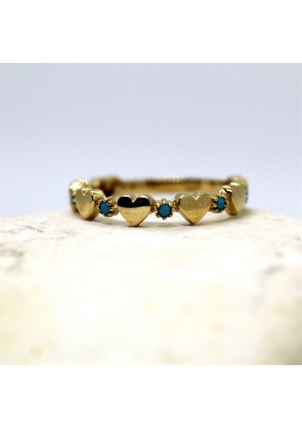 Altın Yüzük - 14 Ayar Altın Sıralı Kalp Turkuaz Taşlı Alyans Yüzük - Minimal Kalp Altın Yüzük fiyatları