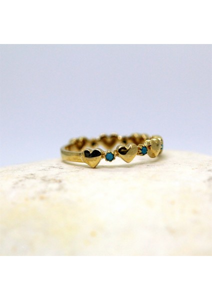 Altın Yüzük - 14 Ayar Altın Sıralı Kalp Turkuaz Taşlı Alyans Yüzük - Minimal Kalp Altın Yüzük modelleri