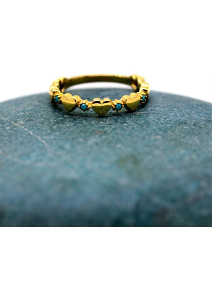 Altın Yüzük - 14 Ayar Altın Sıralı Kalp Turkuaz Taşlı Alyans Yüzük - Minimal Kalp Altın Yüzük indirimleri