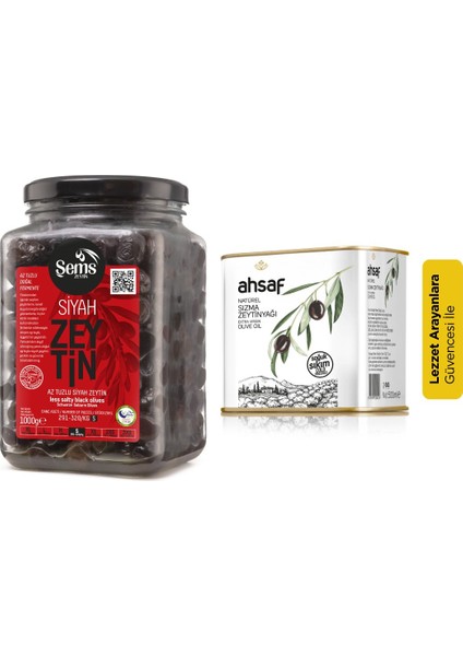 Zeytin + Yağı Paketi (Ahsaf Soğuk Sıkım Zeytinyağı 500 ml + Şems Siyah Zeytin 291-320 1 kg)