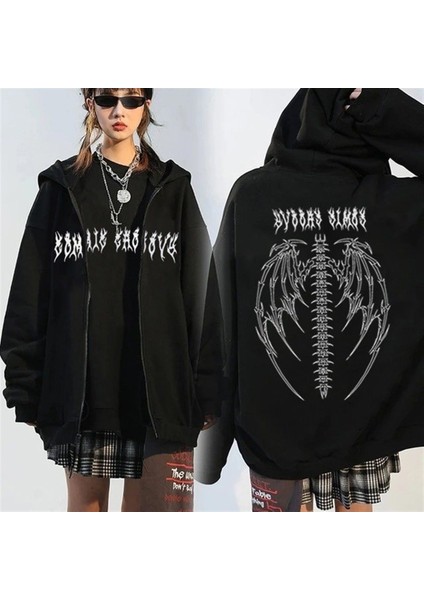 Touz Fermuarlı Siyah Tribal Gothic Wings () Kapşonlu