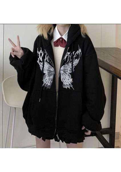 Touz Harajuku Butterfly Siyah () Fermuarlı Kapşonlu