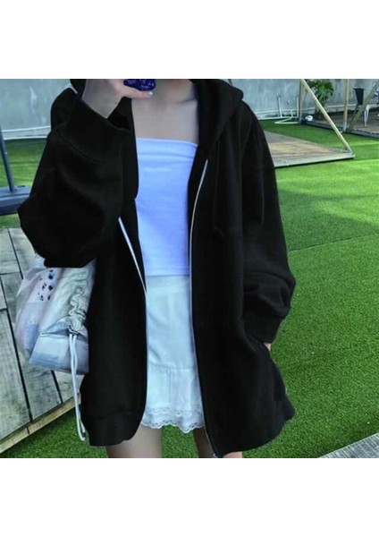 Sokak Tarzı Düz Oversize Siyah Kapşonlu Hırka modelleri