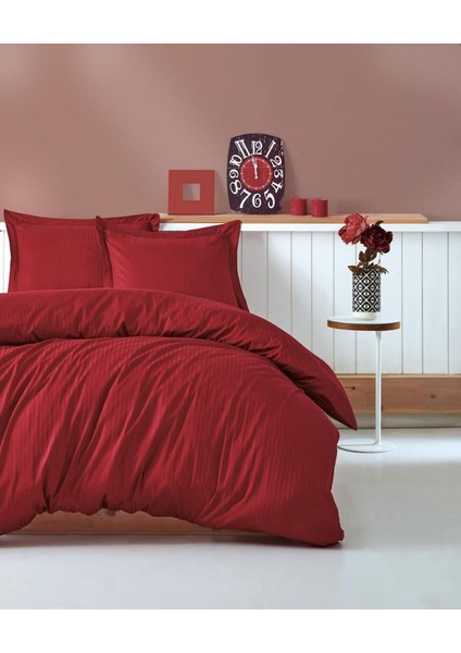 Çift Kişilik Saten Nevresim Takımı Elegante Stripe Bordo