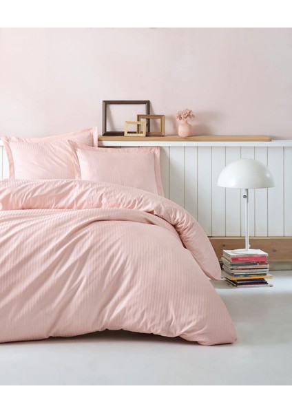 Çift Kişilik Saten Nevresim Takımı Elegante Stripe Pudra