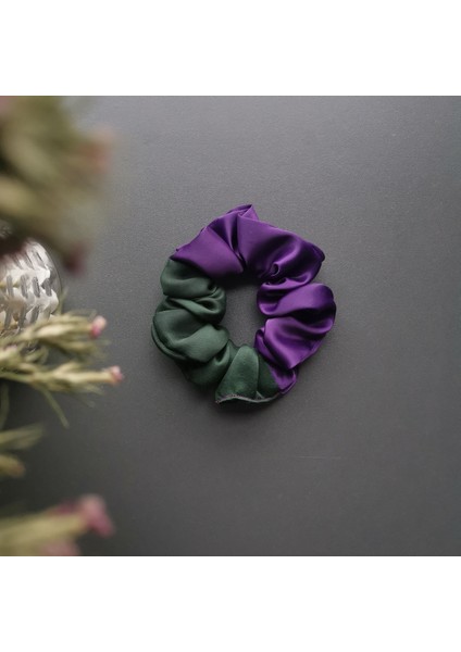 Scrunchies Yeşil Mor Saten Lastik Toka