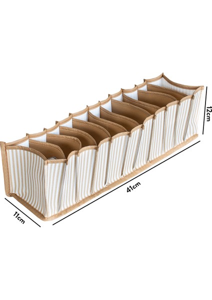 11 Gözlü Çekmece Içi Bej Çizgili Düzenleyici Organizer - Small 11 x 41 x 12 cm