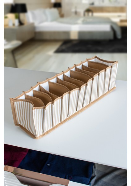 11 Gözlü Çekmece Içi Bej Çizgili Düzenleyici Organizer - Small 11 x 41 x 12 cm