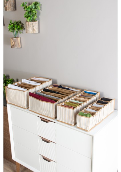 11 Gözlü Çekmece Içi Bej Çizgili Düzenleyici Organizer - Small 11 x 41 x 12 cm