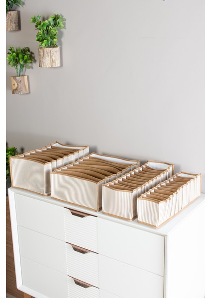 11 Gözlü Çekmece Içi Bej Çizgili Düzenleyici Organizer - Small 11 x 41 x 12 cm