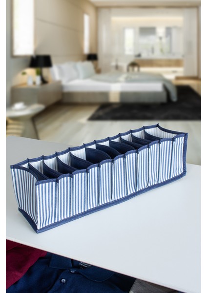 11 Gözlü Çekmece Içi Lacivert Çizgili Düzenleyici Organizer - Small 11 x 41 x 12 cm