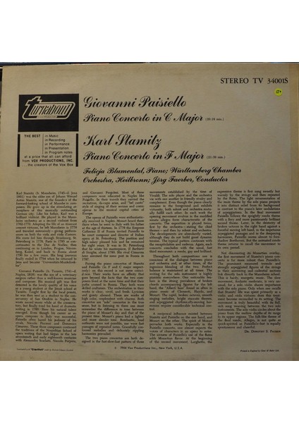 Giovanni Paisiello Karl Stamitz Felicja Blumental Piano Concerti 1965 Lp fiyatları