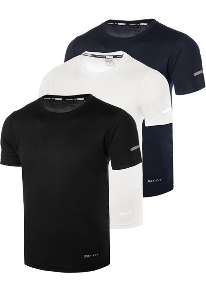 Erkek 3'lü Paket Dry Fit Siyah Lacivert Beyaz Atletik Nem Emici Günlük Tshirt
