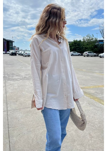 Bej Oversize Basic Cepli Poplin Gömlek MG1530 fiyatları