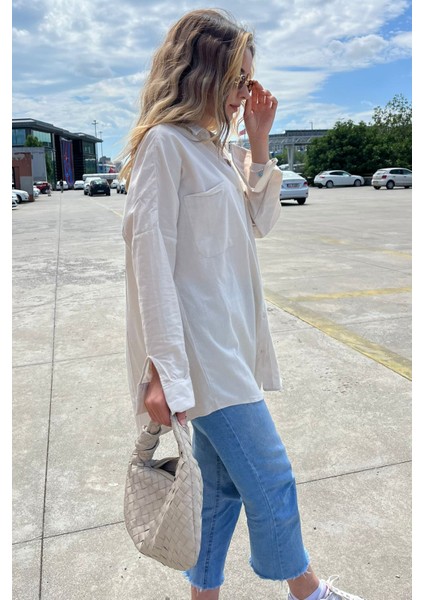 Bej Oversize Basic Cepli Poplin Gömlek MG1530 modelleri