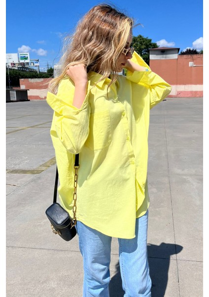 Sarı Oversize Basic Cepli Poplin Gömlek MG1530