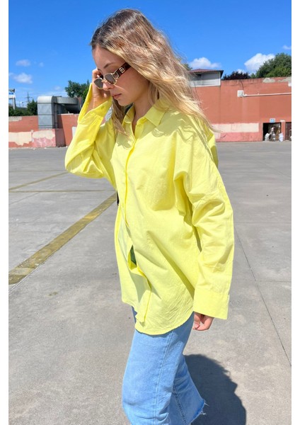 Sarı Oversize Basic Cepli Poplin Gömlek MG1530 fırsatları