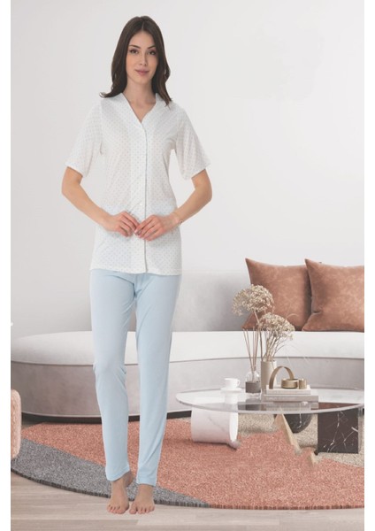 Mavi Önden Düğmeli Kısa Kol Kadın Pijama Takımı