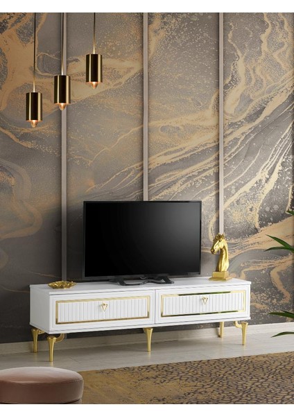 150 cm Trend Metal Ayak-Mdf Mebran Kapak Tv Sehpası Beyaz Gold