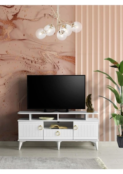 130 cm Mdf Mebran Kapak Raflı Tv Sehpası Beyaz