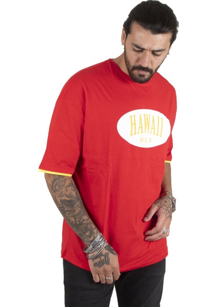 Önü Hawaii Yazı Baskılı Oversize Erkek Tişört 2200509