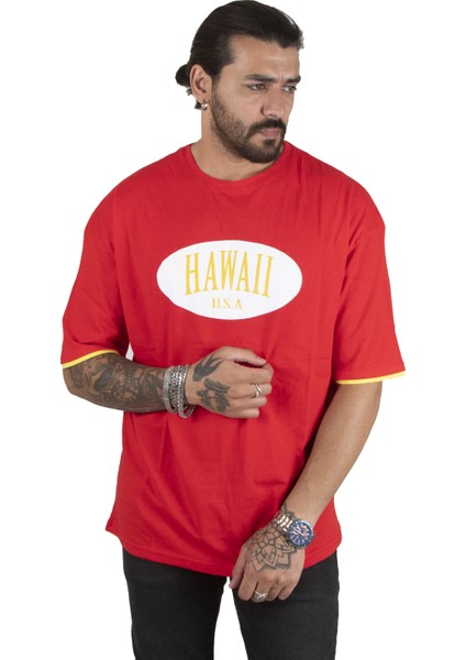 Önü Hawaii Yazı Baskılı Oversize Erkek Tişört 2200509