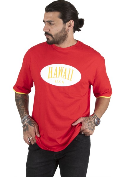 Önü Hawaii Yazı Baskılı Oversize Erkek Tişört 2200509