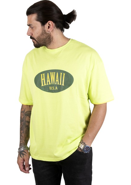 Önü Hawaii Yazı Baskılı Oversize Erkek Tişört 2200509