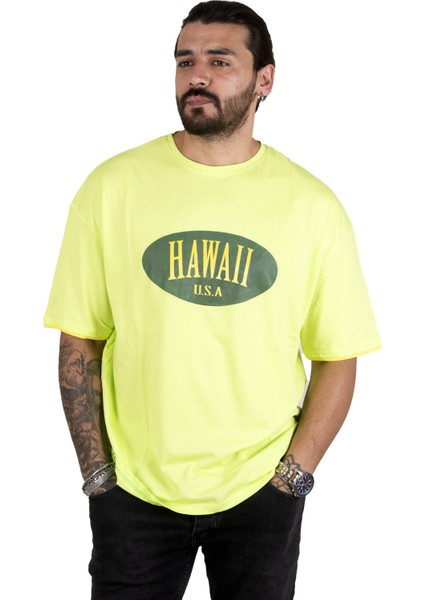 Önü Hawaii Yazı Baskılı Oversize Erkek Tişört 2200509