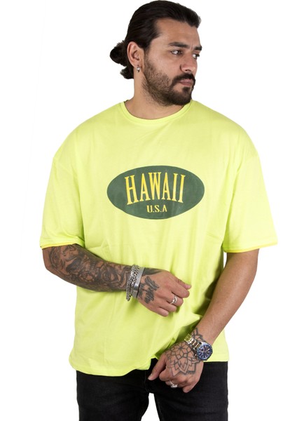 Önü Hawaii Yazı Baskılı Oversize Erkek Tişört 2200509