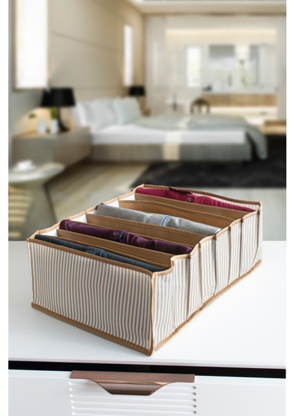 8 Gözlü Çekmece Içi Bej Çizgili Düzenleyici Organizer - Xlarge 30 x 39 x 14 cm