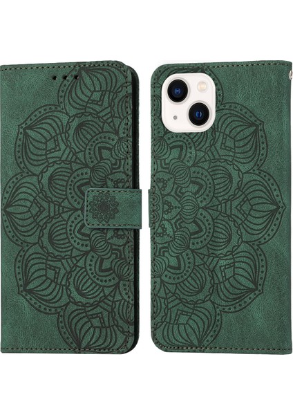 YKD Store Apple iPhone 13 Mini Yeşil Için Mandala Deri Kılıf