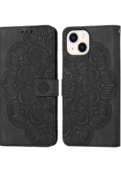 YKD Store Apple iPhone 13 Mini Siyah Için Mandala Deri Kılıf