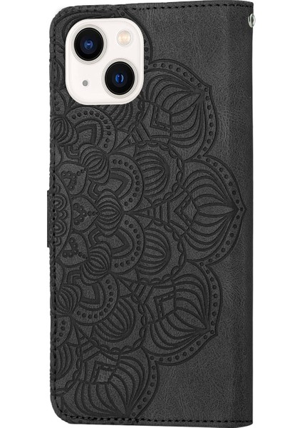 YKD Store Apple iPhone 13 Mini Siyah Için Mandala Deri Kılıf