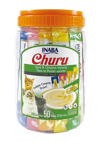 Gim Cat Ciao Churu Cream Tuna Balıklı ve Tavuklu Krema Sıvı Kedi Ödülü 14GR 50LI Saklama Kabı Hediyeli