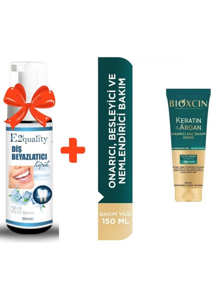 E2'Quality Diş Beyazlatıcı Köpük + Bioxcin Keratin Argan Onarıcı Saç Bakım Kremi 250 Ml Yıpranmış Ve Hasar Görmüş Saçlar