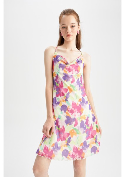 Coool A Kesim Askılı Çiçek Desenli Mini Kısa Kollu Elbise Y7313AZ22SM