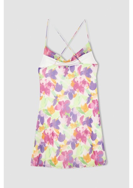 Coool A Kesim Askılı Çiçek Desenli Mini Kısa Kollu Elbise Y7313AZ22SM