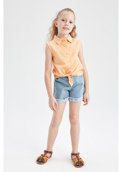 Kız Çocuk Paperbag Fit Yırtık Detaylı Jean Şort Y5324A622SM