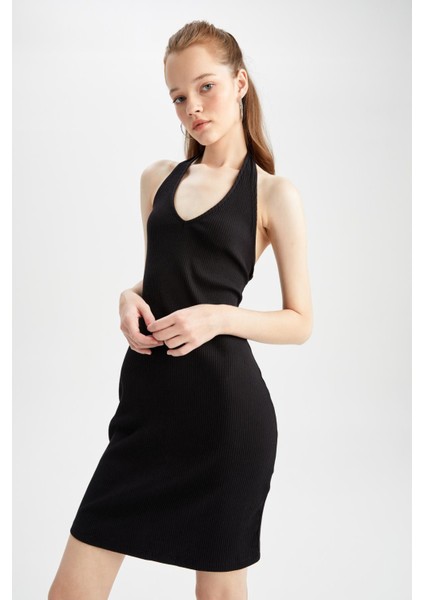 Coool Bodycon V Yaka Basic Siyah Kaşkorse Mini Elbise Y7479AZ22SM