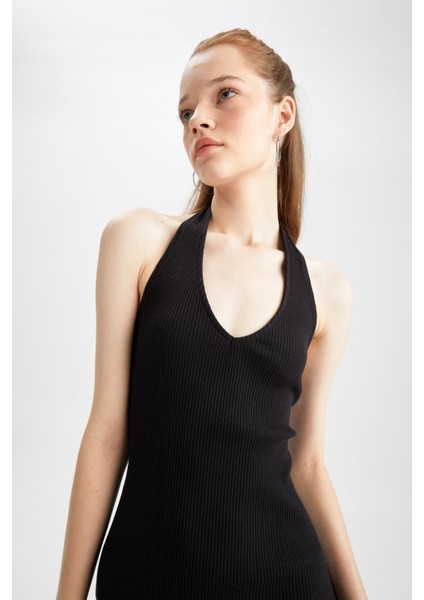 Coool Bodycon V Yaka Basic Siyah Kaşkorse Mini Elbise Y7479AZ22SM