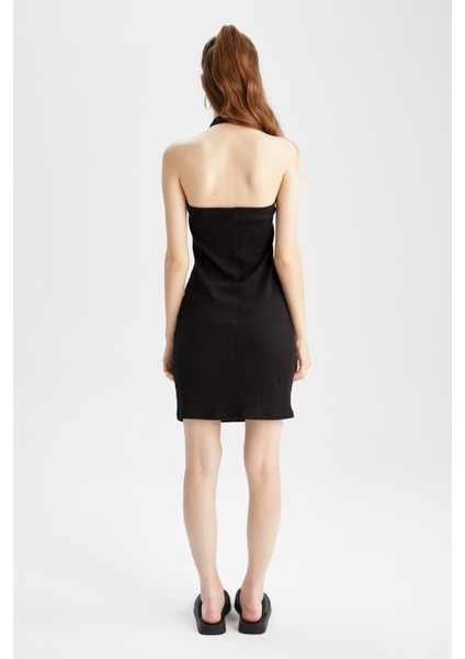 Coool Bodycon V Yaka Basic Siyah Kaşkorse Mini Elbise Y7479AZ22SM