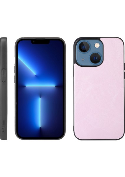 Apple iPhone 13 Pembe Için Cowhide Doku Pu Kılıfı